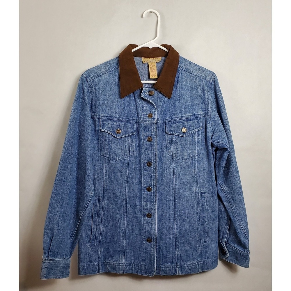 Telluride Clothing Co Womens Denim Jacket Size 10 Suede Collar Button Up